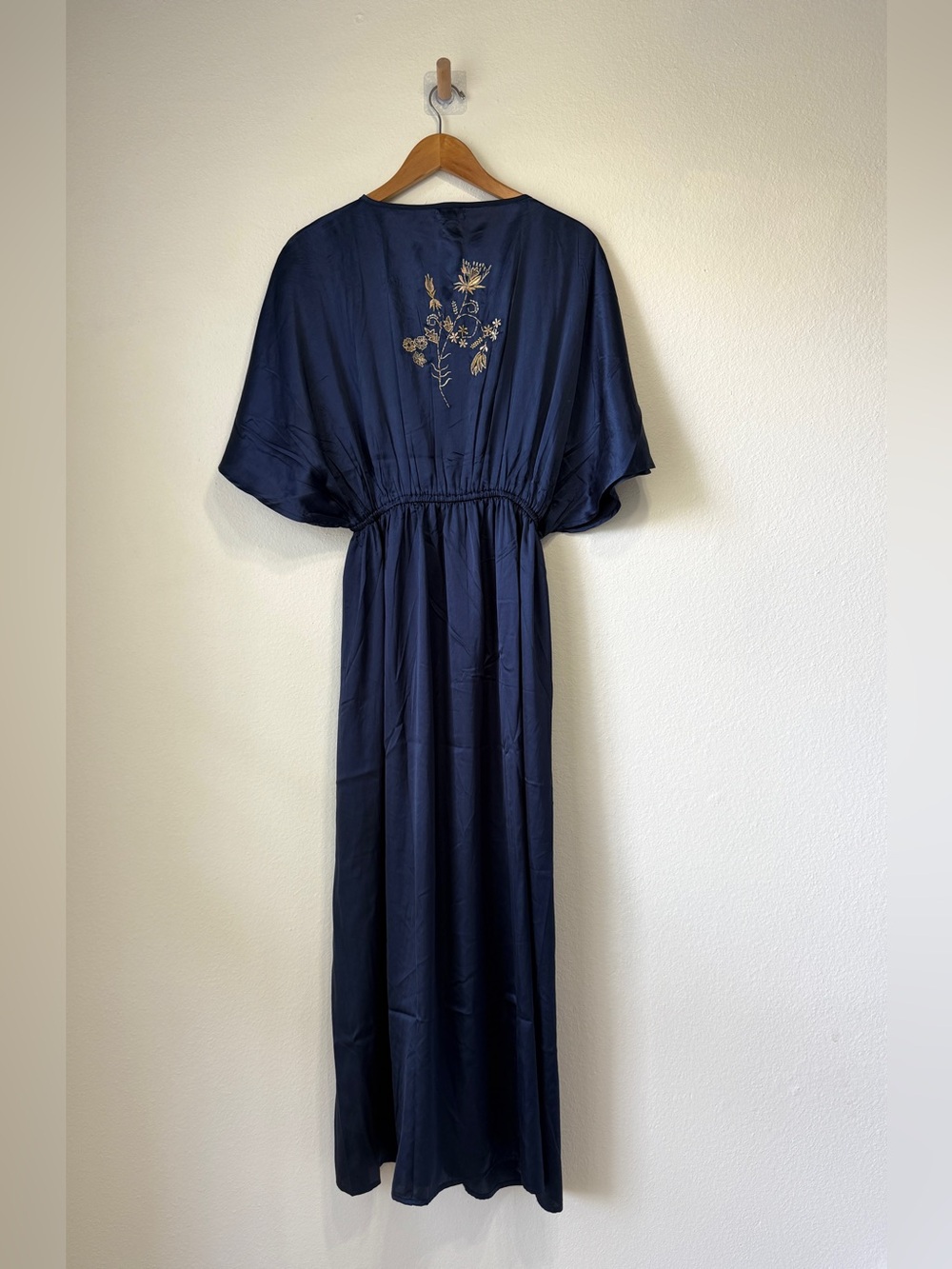 World Market Navy Embroidered Boho Maxi Dress L XL Caftan Tassel - Picture 4 of 6